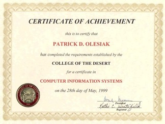 Patrick Olesiak's Computer Information Systems Certificate from College of the Desert, May 1999